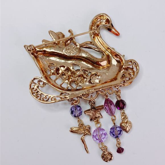 Vintage Signed Kirk's Folly Fairy Swan Sleigh Brooch Gold Tone Rhinestone Whimsy - Picture 7 of 10